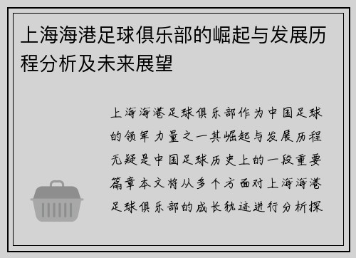 上海海港足球俱乐部的崛起与发展历程分析及未来展望