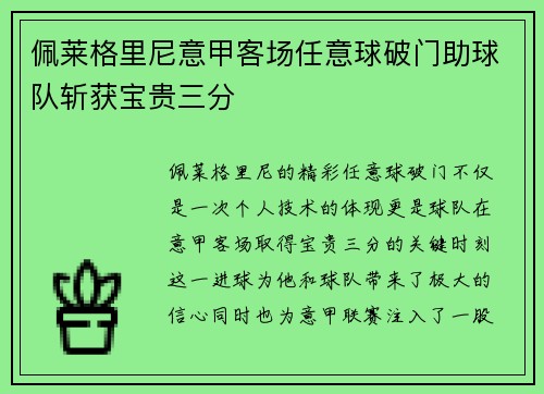 佩莱格里尼意甲客场任意球破门助球队斩获宝贵三分