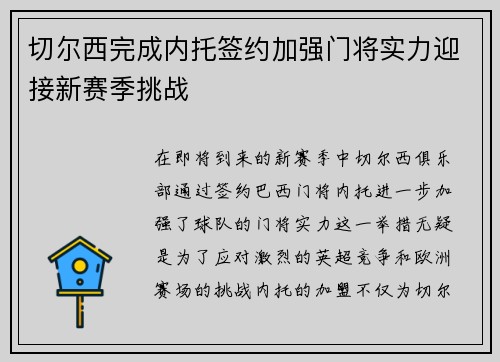 切尔西完成内托签约加强门将实力迎接新赛季挑战