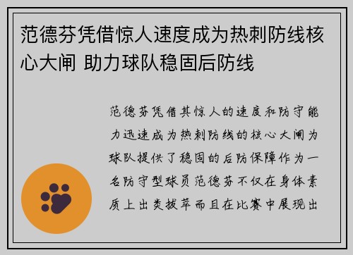 范德芬凭借惊人速度成为热刺防线核心大闸 助力球队稳固后防线