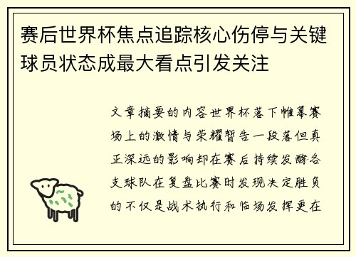赛后世界杯焦点追踪核心伤停与关键球员状态成最大看点引发关注